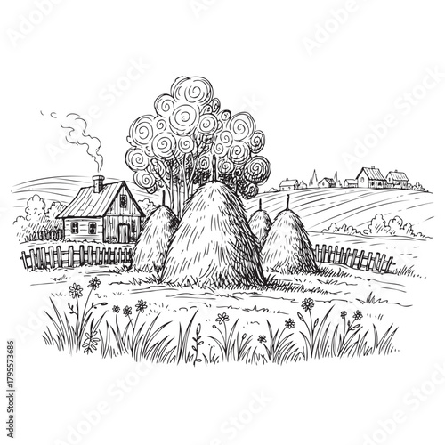 A black and white drawing of a rural scene with a house and a barn. The barn has hay in it and there are three piles of hay. The scene is peaceful and serene