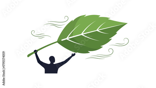 Vector illustration of silhouette of a person holding a large green leaf