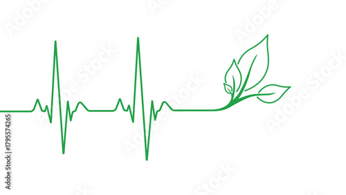 Vector illustration of green heartbeat line with leaves