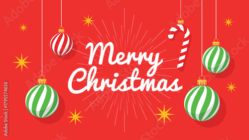 Vector illustration of merry christmas greeting with ornaments and candy cane on red background