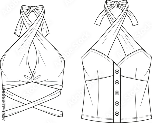 Crisscross halter top fashion sketch, tie-back neckline garment illustration, fitted bodice design, button-down and wrap styles, technical vector drawing