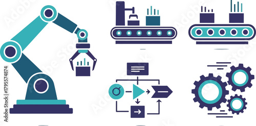 Modern industrial automation icons including robotic arm, conveyor belt, flowchart, and gears.