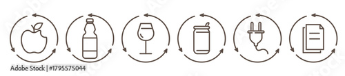 Recycle icons for product labels. Set of material types: 100% recycled paper, metal, plastic, glass, organic waste, e-waste. Vector symbols for packaging, eco labeling, and sustainability design.