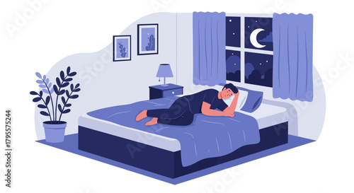 Man Sleeping on Bed at Night in Bedroom