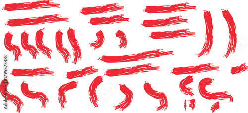 Abstract red brush strokes on a white background A collection of varied red brush strokes, some thick and some thin, are scattered across a clean white surface.