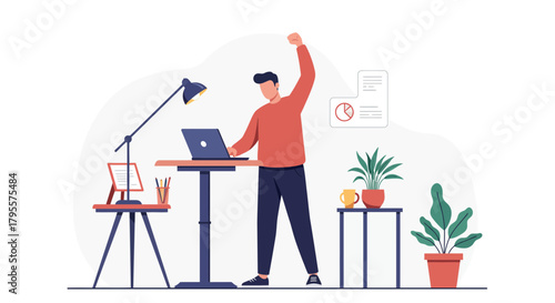 Man celebrates success at adjustable desk with laptop