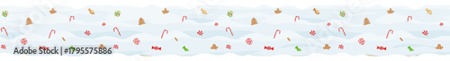 Colorful festive pattern with candies and decorations in snowdrifts 