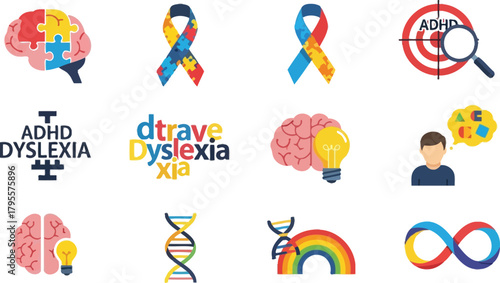 Celebrating neurodiversity with symbols for ADHD, dyslexia, and autism awareness.