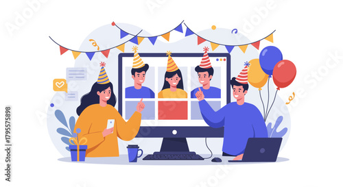 People Virtual Party on Computer Screen