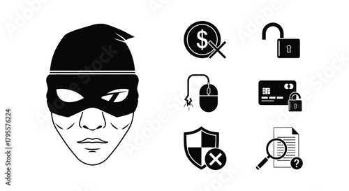 Black silhouette of a masked face with icons representing cybercrime and theft