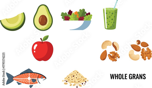 A vibrant collection of healthy foods, including fresh fruits, vegetables, fish, nuts, and grains, representing a balanced diet.