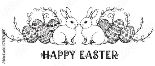 A black and white drawing of two rabbits sitting on eggs with the words Happy Easter written below them