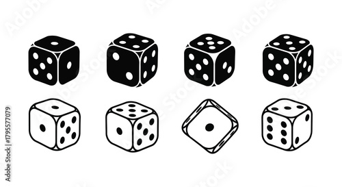 Black and white illustration displaying various perspectives of six sided dice