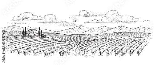 The image is a black and white drawing of a mountain range with a road running through it. The scene is peaceful and serene, with the mountains in the background. The drawing is done in a stylized