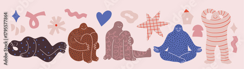 Various abstract People. Young men and women standing and sitting, funny patterns. Different poses. Cartoon style characters. Hand drawn trendy Vector illustration. Isolated design elements. Scrapbook