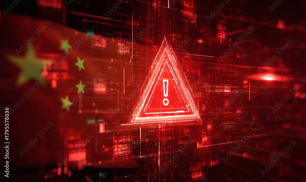 Fototapeta premium Cybersecurity alert concept with digital warning signs and Chinese flag overlay on red background symbolizing internet system threat or data attack risk. 