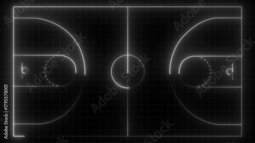 Neon basketball court diagram glowing white lines on black grid background digital animation abstract sports strategy planning game analysis technology concept