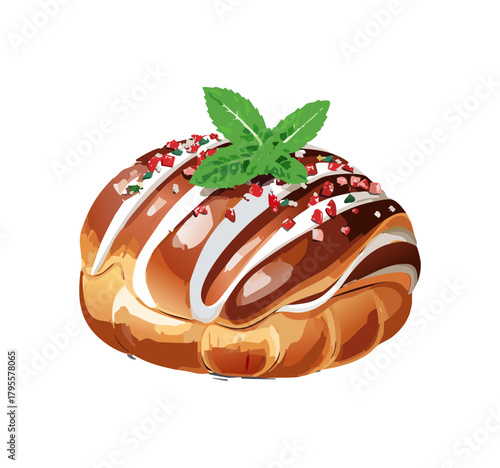 Chocolate Mint Cinnamon Roll Vector Illustration — festive dessert with icing, mint leaves, and holiday sprinkles