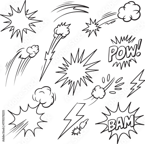 PrintSet of cartoon-style action effects featuring explosive bursts, fast-motion streaks, impact shapes, and smoke puffs. Includes hand-drawn dynamic lines, blast outlines, and energetic motion icons 