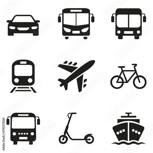 Collection of black transportation icons on white background