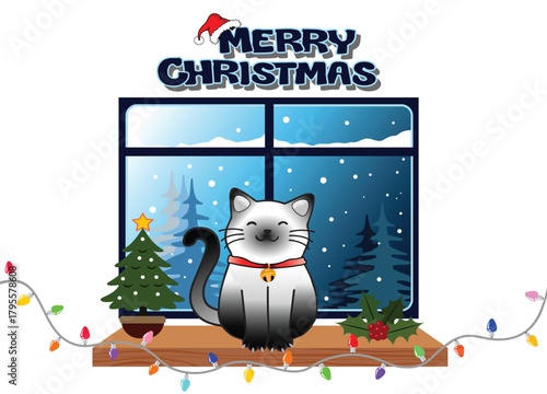 A cute Christmas illustration of a smiling cat sitting on a windowsill with a holiday tree, festive lights, and winter scenery. Perfect for cards, decor, and seasonal designs