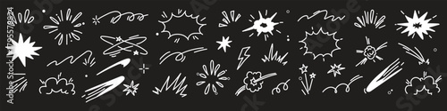 Comic cartoon line explosive effect, speed burst motion element set. Comic boom burst, explosive smoke, line speed cartoon element icon. Hand drawn sketch action boom effect. Vector illustration