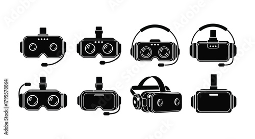 Collection of virtual reality headsets in a monochrome silhouette style