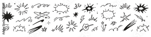 Comic cartoon line explosive effect, speed burst motion element set. Comic boom burst, explosive smoke, line speed cartoon element icon. Hand drawn sketch action boom effect. Vector illustration
