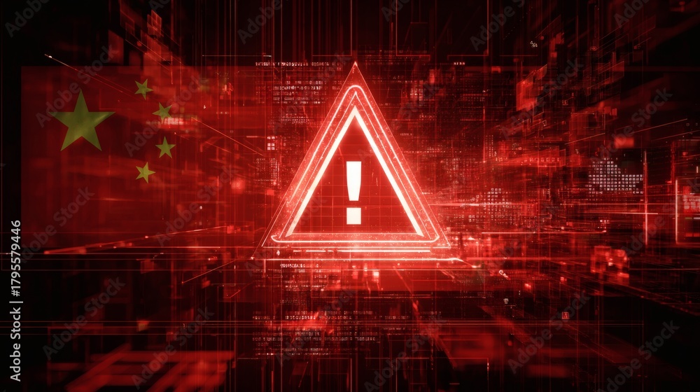 Fototapeta premium Cybersecurity alert concept with digital warning signs and Chinese flag overlay on red background symbolizing internet system threat or data attack risk. 