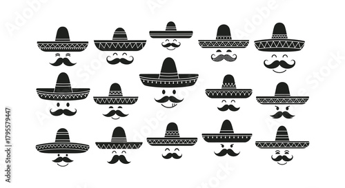Four cartoon faces wearing traditional sombreros and mustaches in black and white