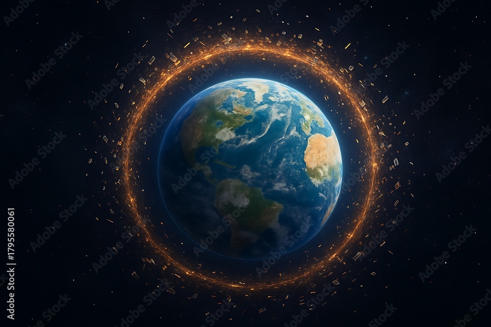 Fototapeta premium Earth from space, surrounded by a dense ring of numerous artificial satellites and space debris