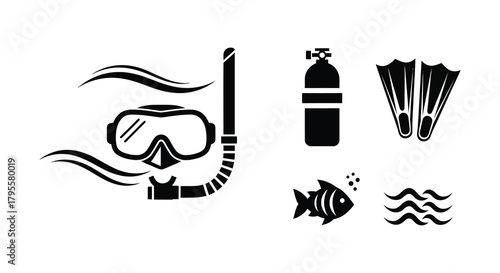 Black and white icons depicting scuba diving equipment and marine life