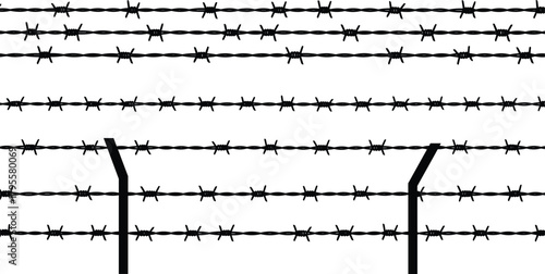 Barbed wire fence variations, security design, protective barrier, metal strands, danger symbol, industrial fencing, harsh boundary, silhouette, containment concept, posts