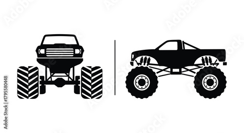 A stark black and white illustration featuring two powerful monster trucks