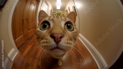 Curious tabby cat staring directly at camera with wide eyes in fisheye view down home hallway