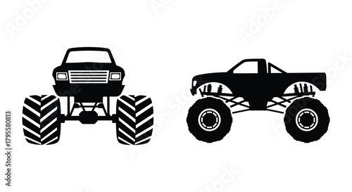 A stark black and white illustration featuring two powerful monster trucks