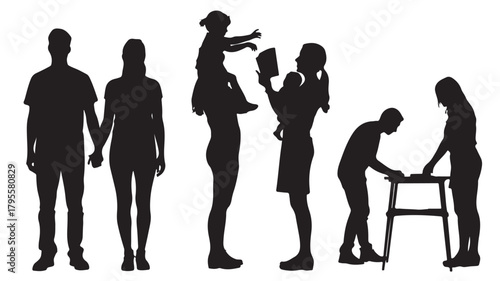 Silhouette of family members diverse activities vector illustration for design elements isolated on white background