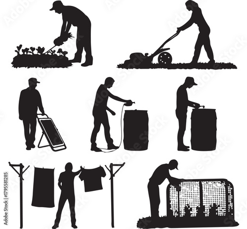 Set of gardening silhouettes vector illustrations of people gardening doing yard work and outdoor chores