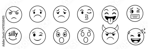Collection of hand drawn oval faces expressing various emotions