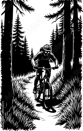 Mountain Biker in Forest Silhouette