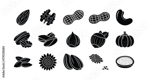 Variety of nuts seeds and produce depicted in a black and white illustration