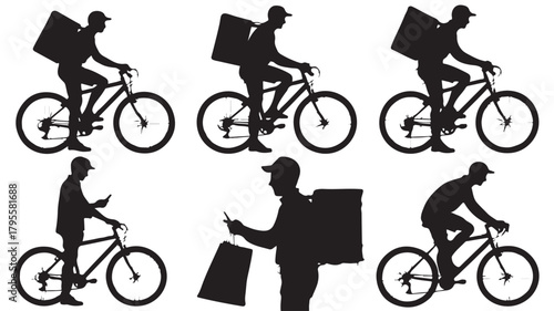 Delivery man silhouette on bicycle carrying package vector illustration for delivery service and courier themes isolated on white background