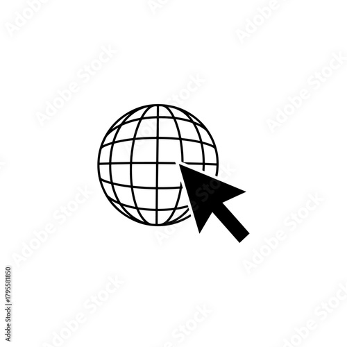 Black and white illustration of a globe with a cursor pointing to it representing internet and technology