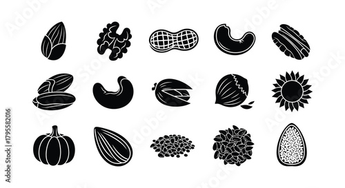 Variety of nuts seeds and produce depicted in a black and white illustration