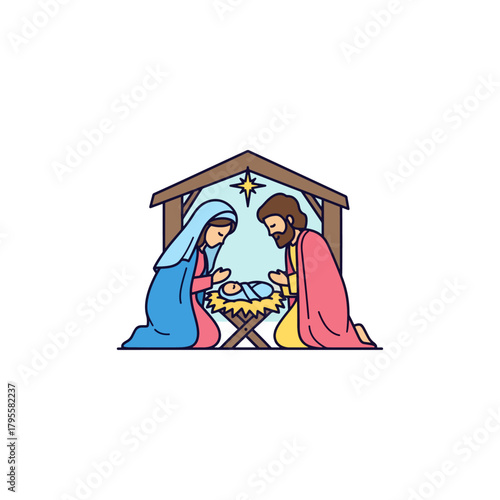 Nativity scene with Mary, Joseph, and baby Jesus in a stable under the Star of Bethlehem, traditional religious illustration