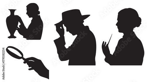 Silhouettes of people inspecting objects including a vase a magnifying glass and a painting vector illustration