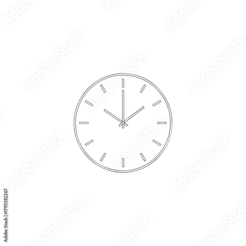 Simple line art drawing of a classic analog clock face with hour and minute hands showing a specific time, isolated on a white background.