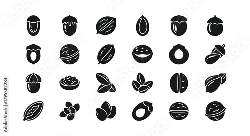 Collection of various acorn and nut icons in a monochrome style