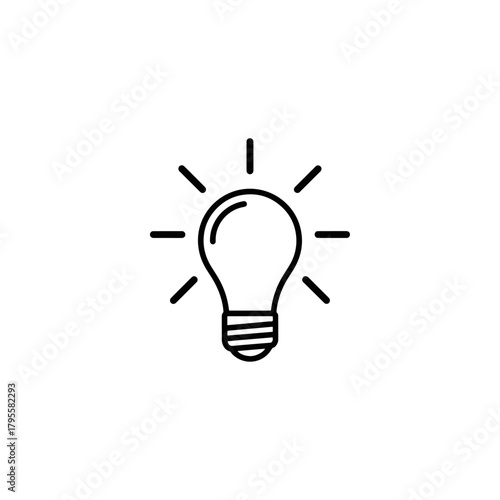 Simple Line Art Light Bulb Icon With Rays of Light Emanating, Symbolizing Idea Innovation and Creativity, Vector Graphic