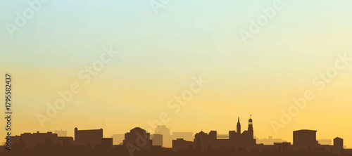 Panoramic poster of the city skyline with misty background buildings, hills sunrise, sunset and clouds of HAMBURG, GERMANY